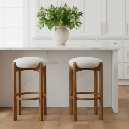 Tarai Indoor Wooden Upholstered Barstool, Ivory Upholstery, Set of 2