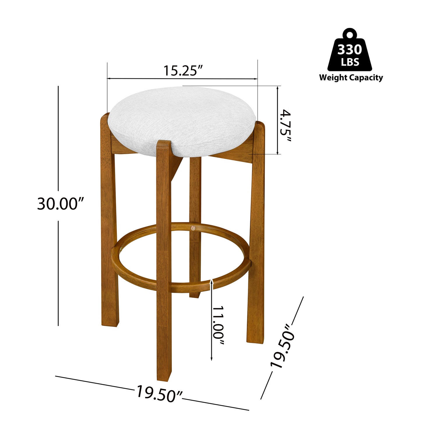 Tarai Indoor Wooden Upholstered Barstool, Ivory Upholstery, Set of 2