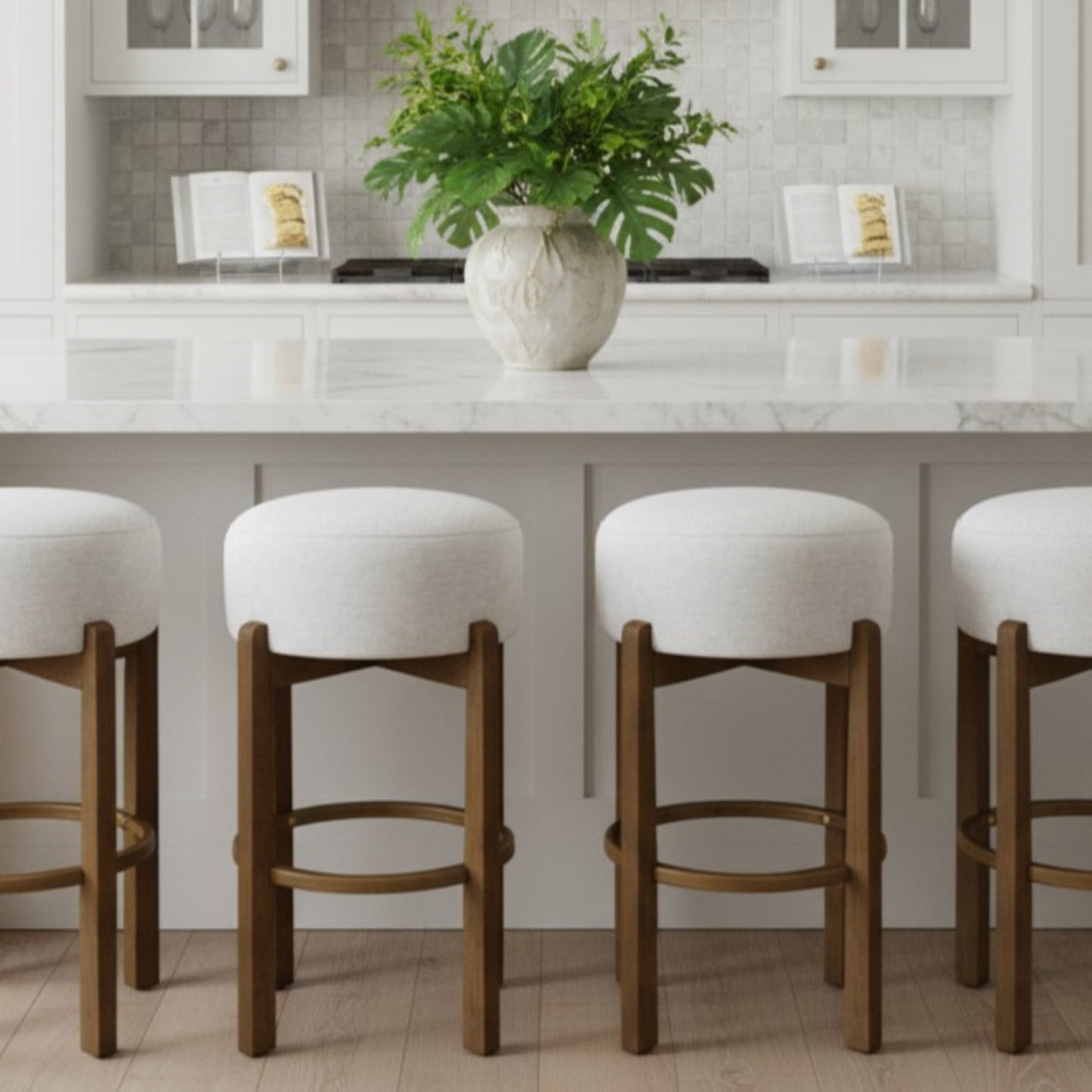 Briony Indoor Wooden Upholstered Barstool,Ivory Upholstery, Set of 2