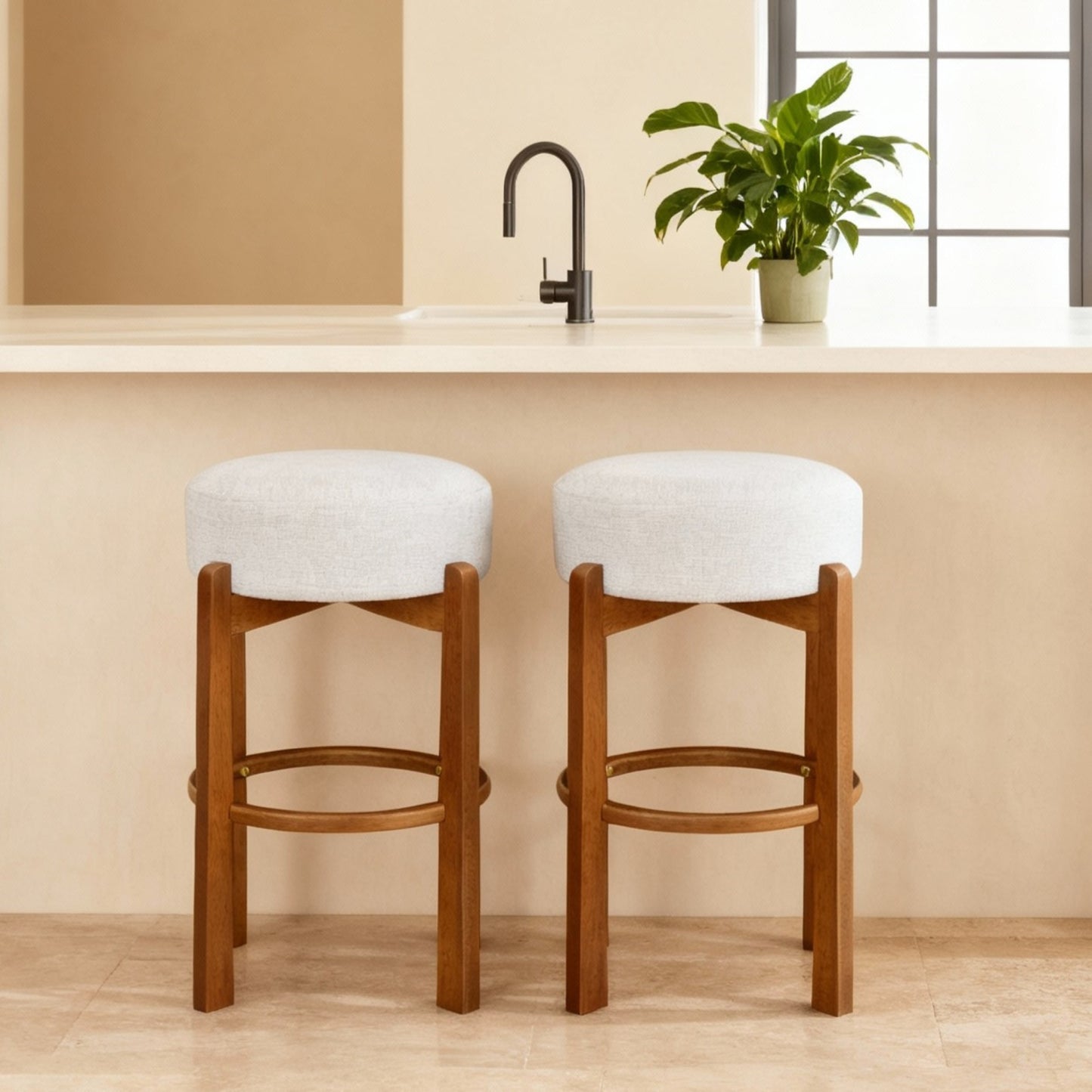 Briony Indoor Wooden Upholstered Barstool,Ivory Upholstery, Set of 2