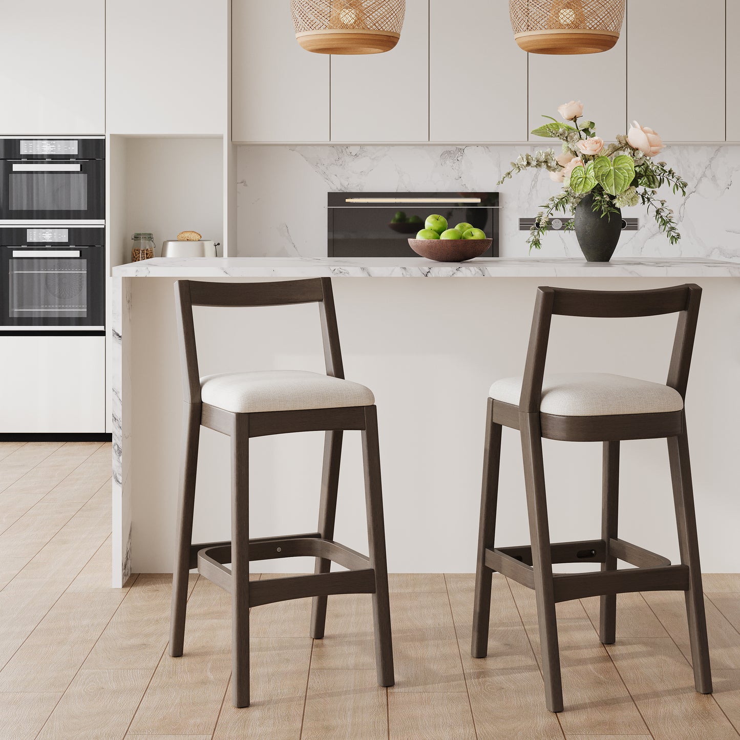 Cassian Indoor Rubberwood Beige Upholstery Barstool,Set of 2