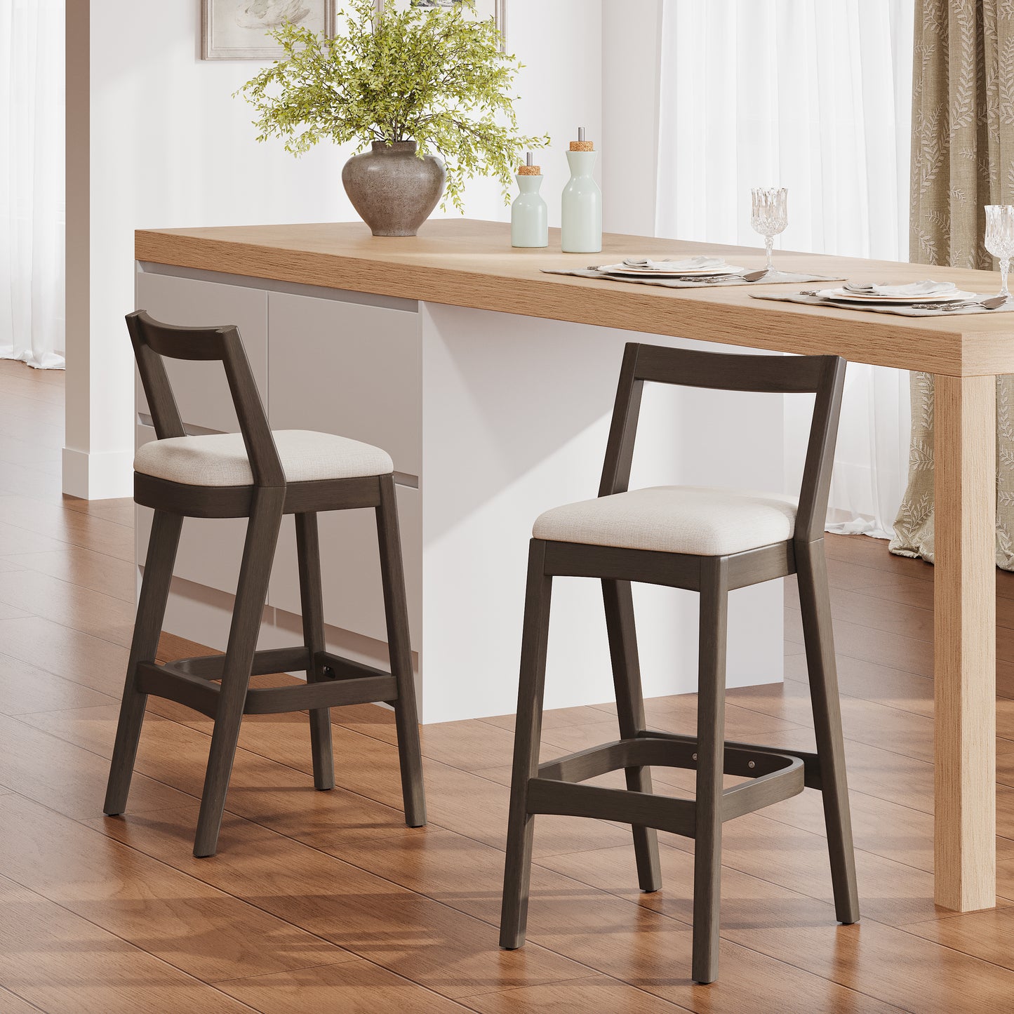 Cassian Indoor Rubberwood Beige Upholstery Barstool,Set of 2
