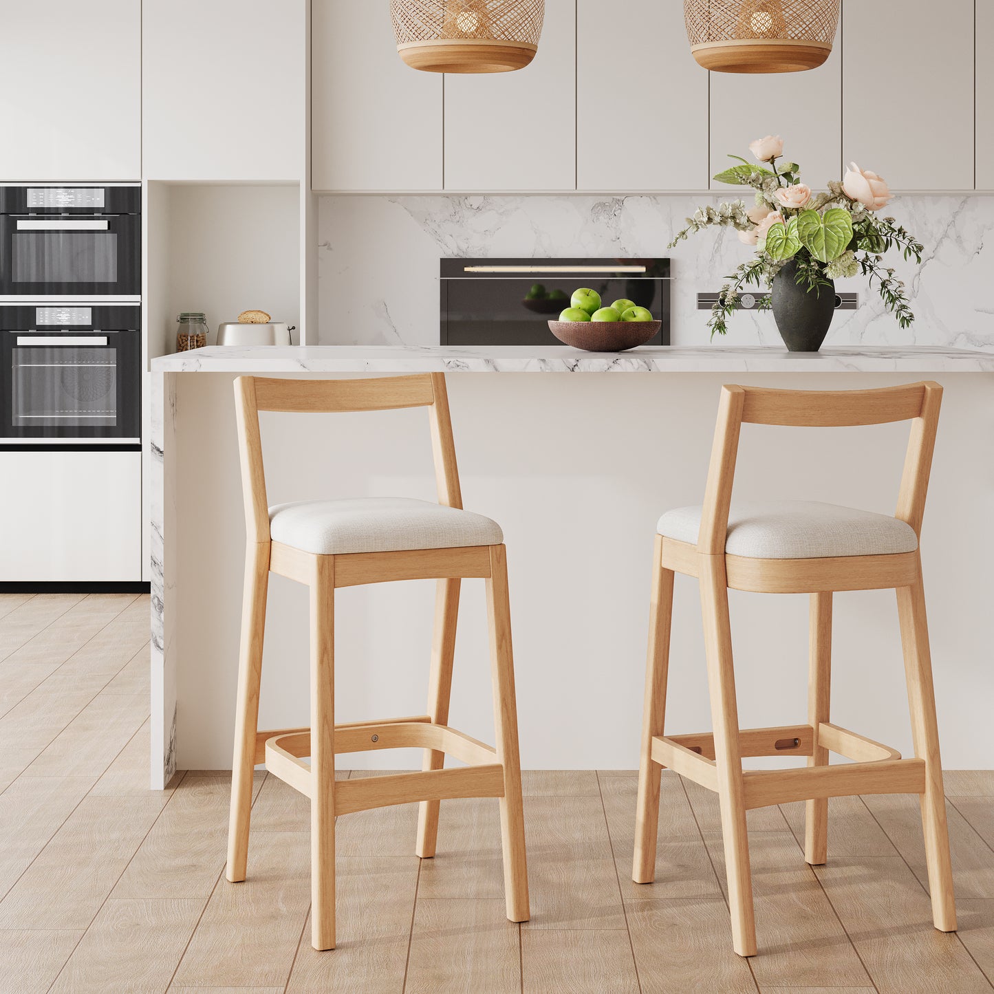 Cassian Indoor Rubberwood Beige Upholstery Barstool,Set of 2