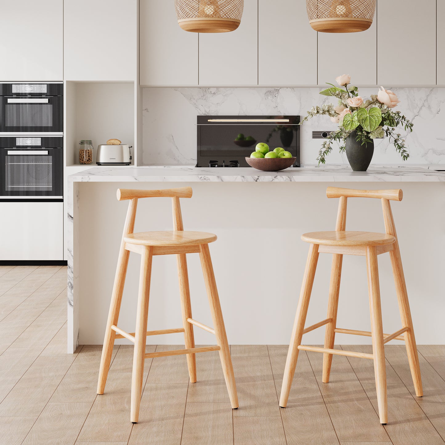 Finnian Indoor Rubberwood Barstool, Natural Finished, Set of 2