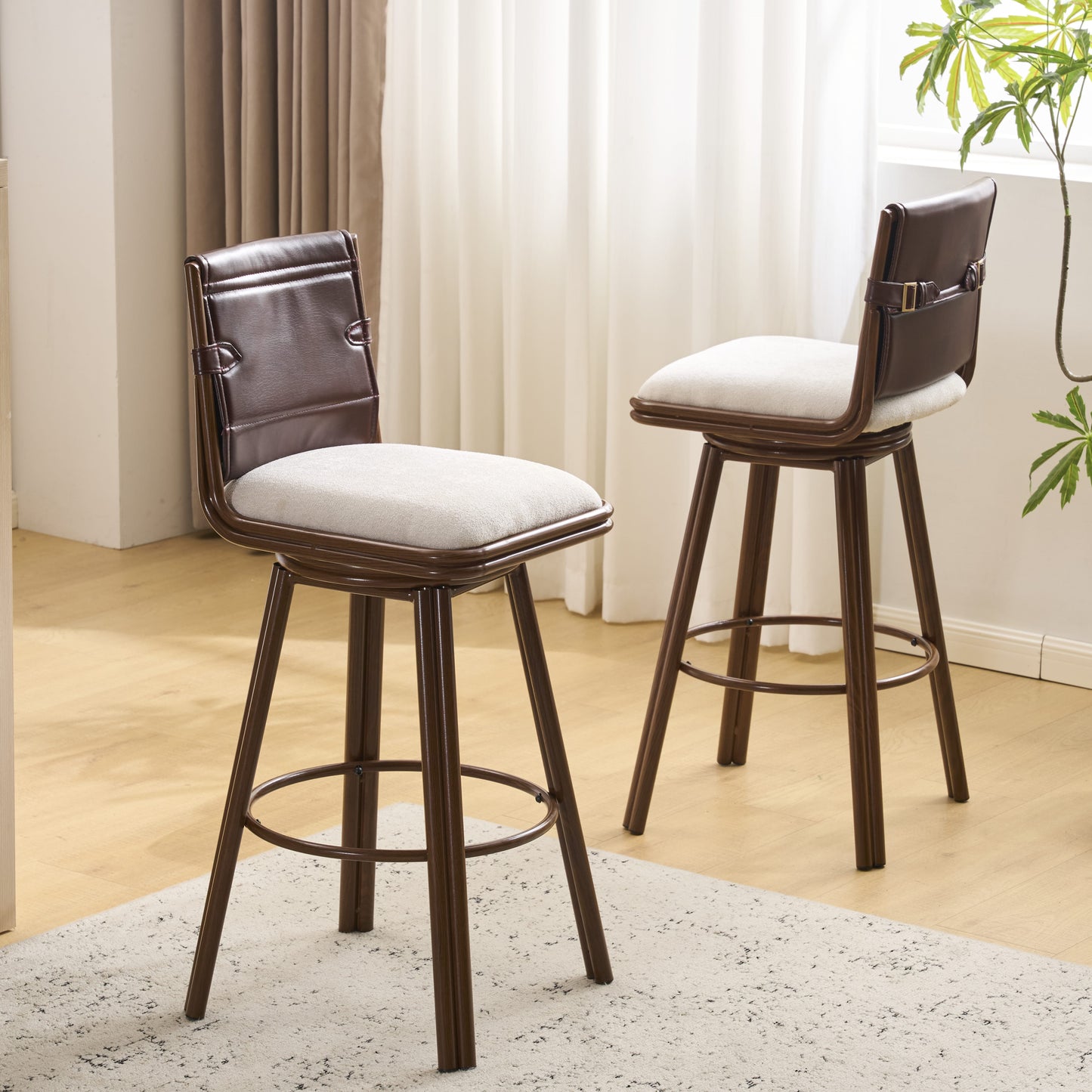 Liora Indoor Upholstered Bar Stool with Metal Frame, Walnut Finish and Beige Upholstery, Set of 2
