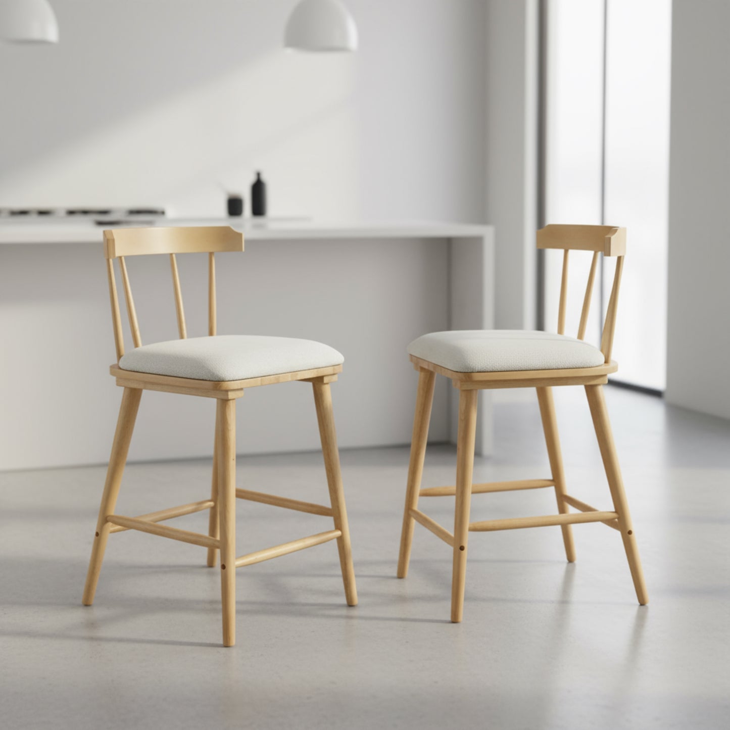 Hester Wood Counter Stools – Timeless Spindle Design with Beige Upholstered Seats, Set of 2