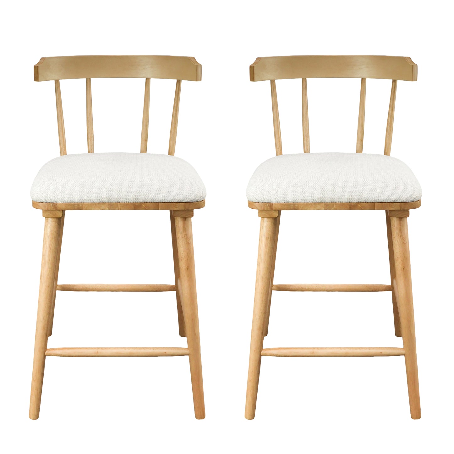 Hester Wood Counter Stools – Timeless Spindle Design with Beige Upholstered Seats, Set of 2