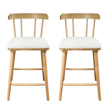 Hester Wood Counter Stools – Timeless Spindle Design with Beige Upholstered Seats, Set of 2