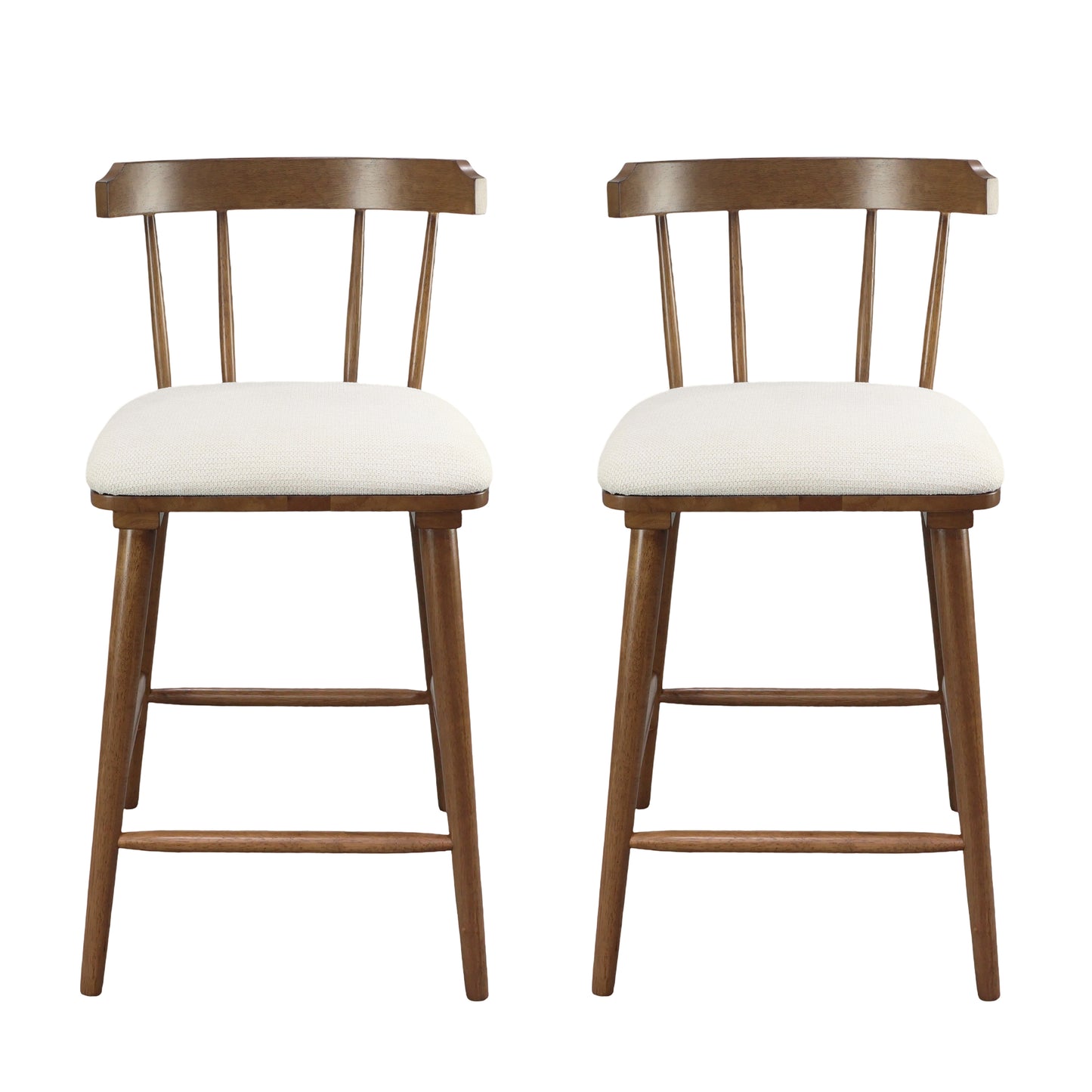 Hester Wood Counter Stools – Timeless Spindle Design with Beige Upholstered Seats, Set of 2