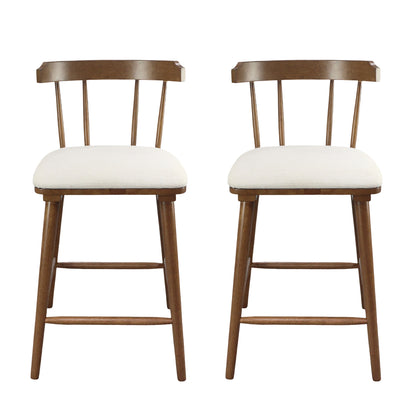 Hester Wood Counter Stools – Timeless Spindle Design with Beige Upholstered Seats, Set of 2