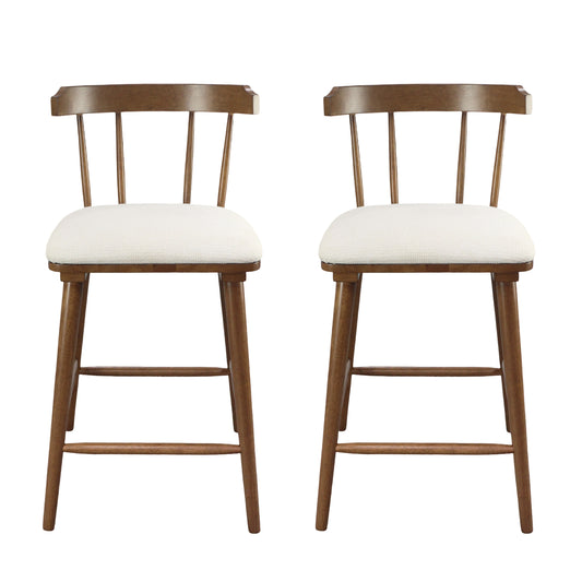 Hester Wood Counter Stools – Timeless Spindle Design with Beige Upholstered Seats, Set of 2