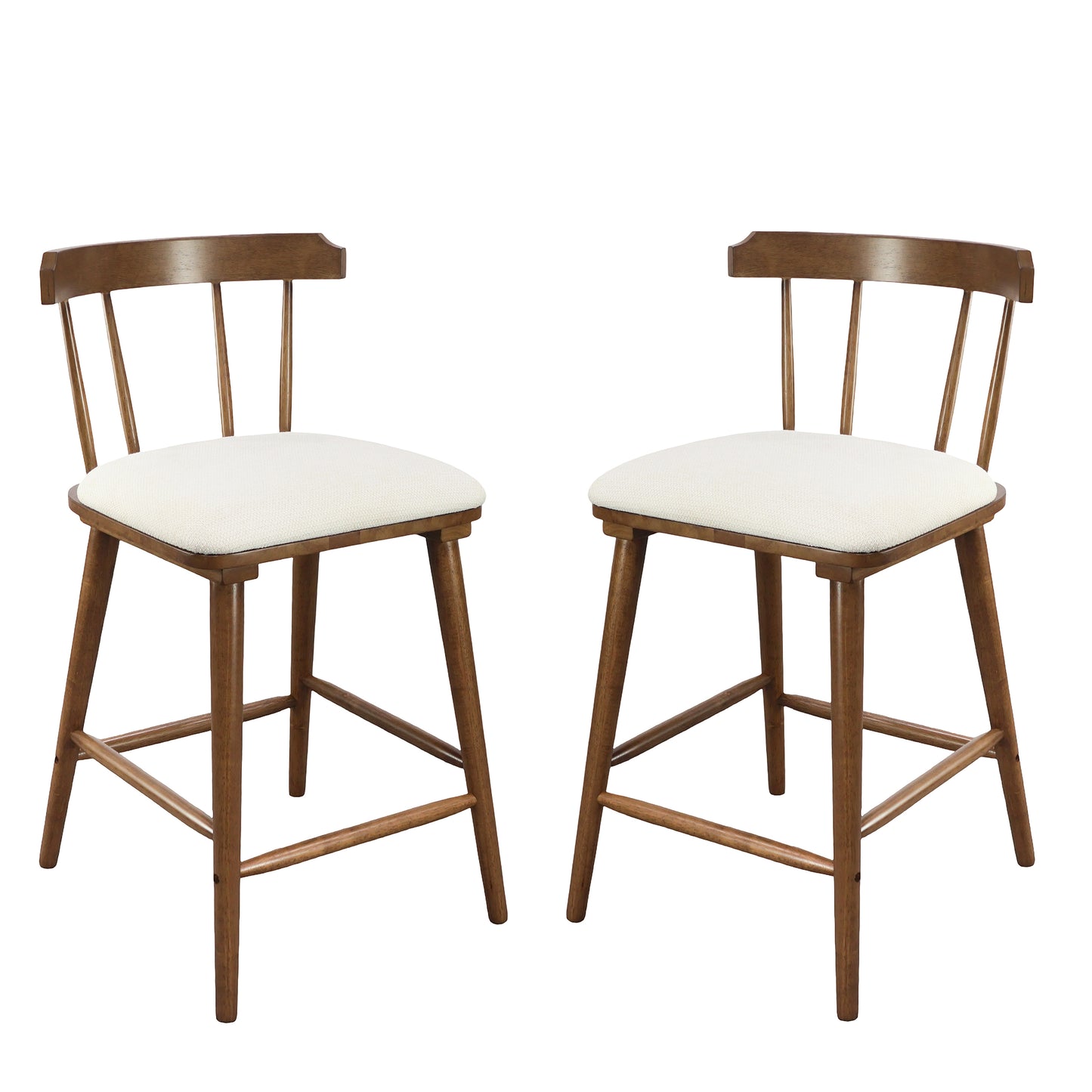 Hester Wood Counter Stools – Timeless Spindle Design with Beige Upholstered Seats, Set of 2