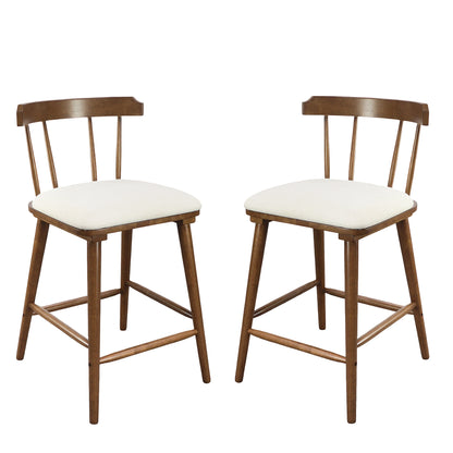 Hester Wood Counter Stools – Timeless Spindle Design with Beige Upholstered Seats, Set of 2