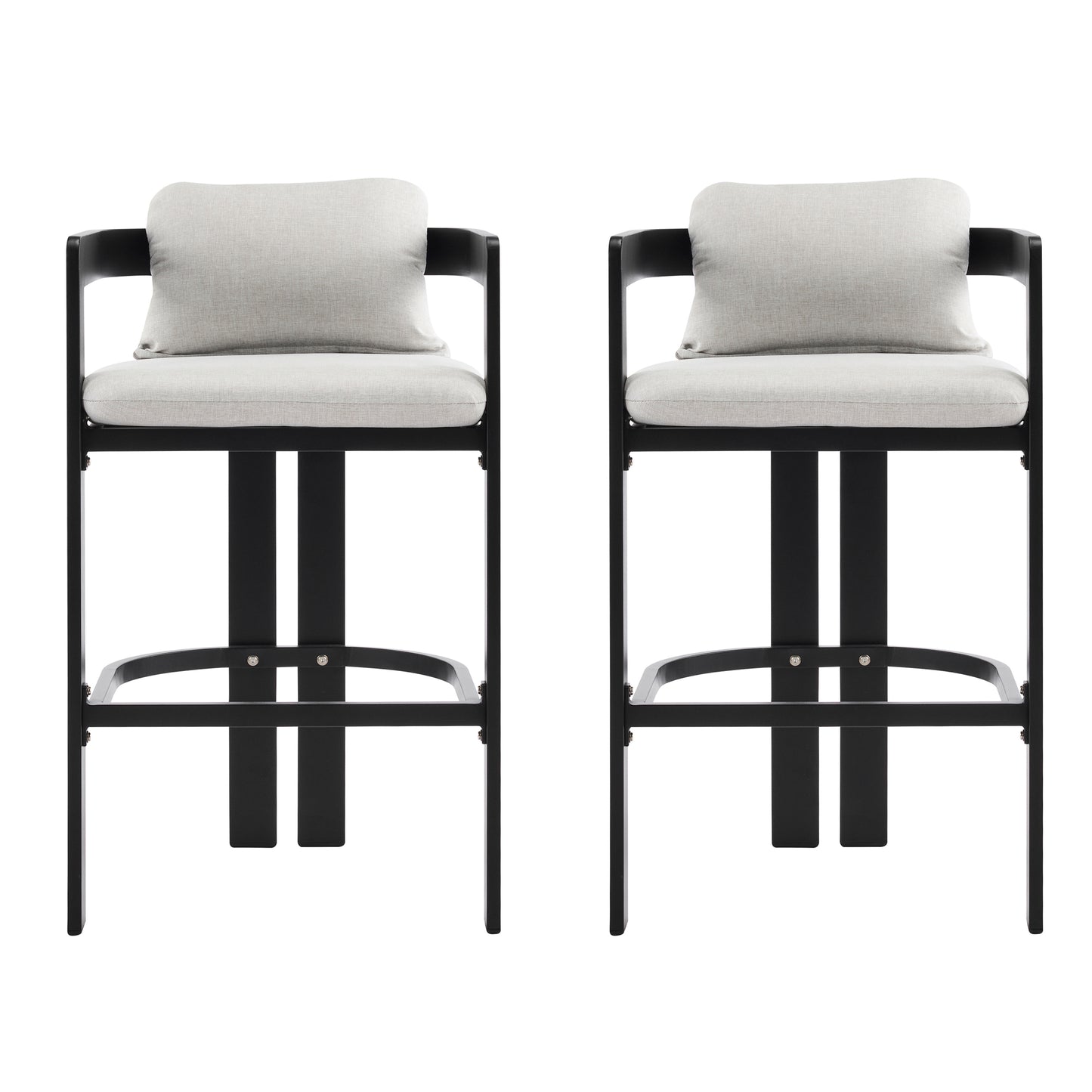 Amice Black Aluminum Outdoor Counter Stools – Sleek Modern Frame with Weather-Resistant Grey Cushions for Stylish Patio Bar Seating, Set of 2