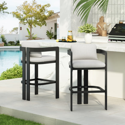 Amice Black Aluminum Outdoor Counter Stools – Sleek Modern Frame with Weather-Resistant Grey Cushions for Stylish Patio Bar Seating, Set of 2