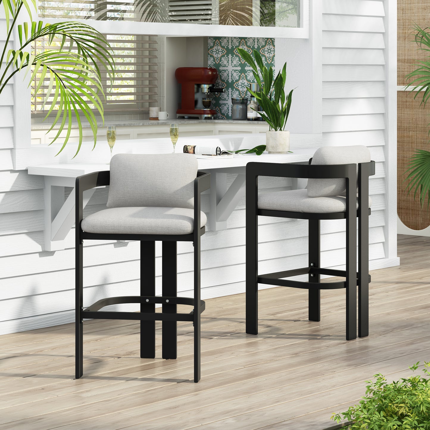 Amice Black Aluminum Outdoor Counter Stools – Sleek Modern Frame with Weather-Resistant Grey Cushions for Stylish Patio Bar Seating, Set of 2