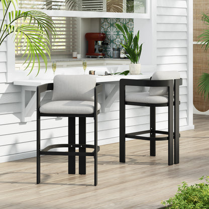Amice Black Aluminum Outdoor Counter Stools – Sleek Modern Frame with Weather-Resistant Grey Cushions for Stylish Patio Bar Seating, Set of 2
