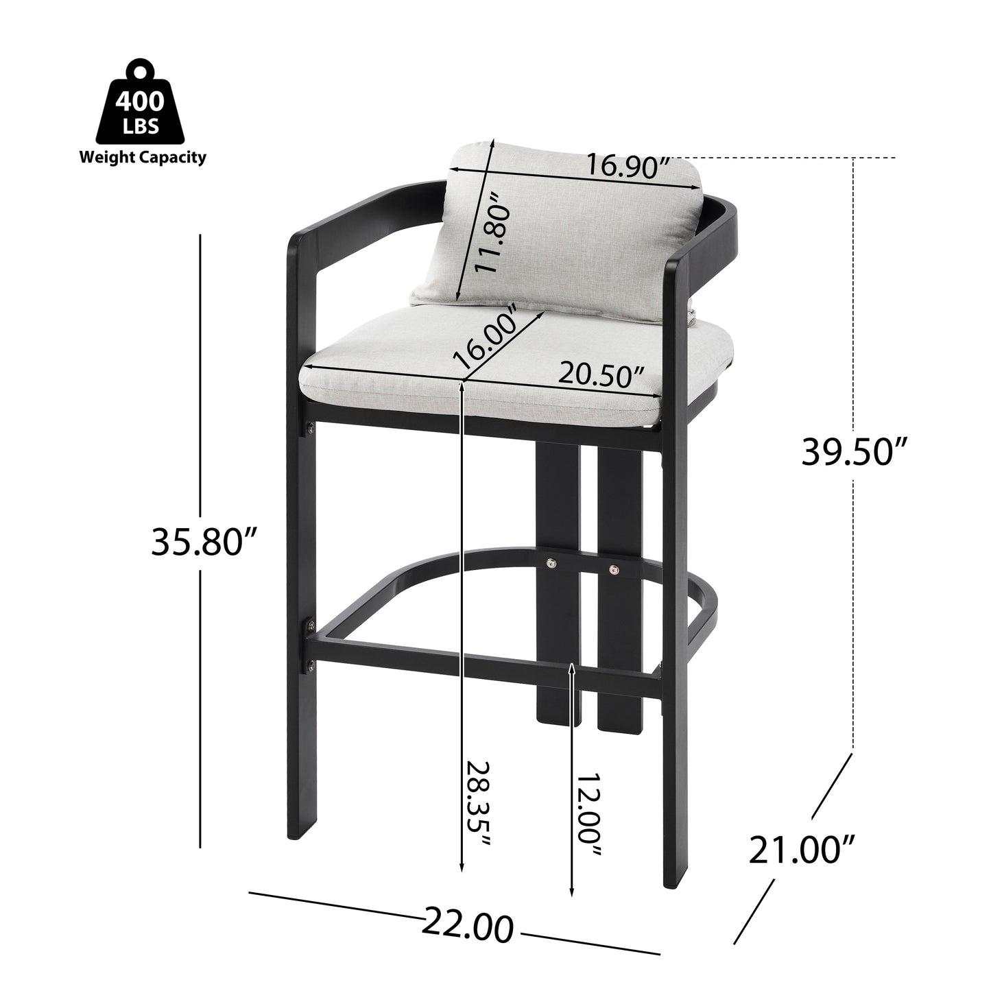 Amice Black Aluminum Outdoor Counter Stools – Sleek Modern Frame with Weather-Resistant Grey Cushions for Stylish Patio Bar Seating, Set of 2
