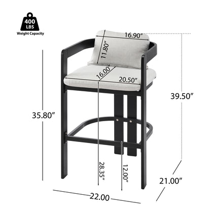 Amice Black Aluminum Outdoor Counter Stools – Sleek Modern Frame with Weather-Resistant Grey Cushions for Stylish Patio Bar Seating, Set of 2