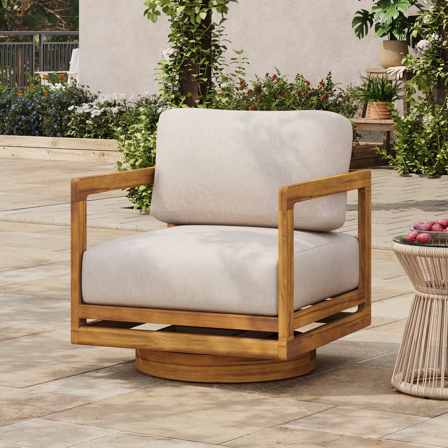 Cosima Natural Teak Swivel Outdoor Lounge Chair – Harmonious Design with Weather-Resistant Finish and Plush Beige Cushions