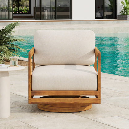Cosima Natural Teak Swivel Outdoor Lounge Chair – Harmonious Design with Weather-Resistant Finish and Plush Beige Cushions