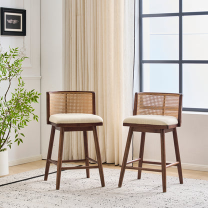 Blanchefleur Upholstered Indoor Counter Stools – Rich Timeless Wood Frame with Soft Beige Seats for Sophisticated Kitchen Elegance, Set of 2