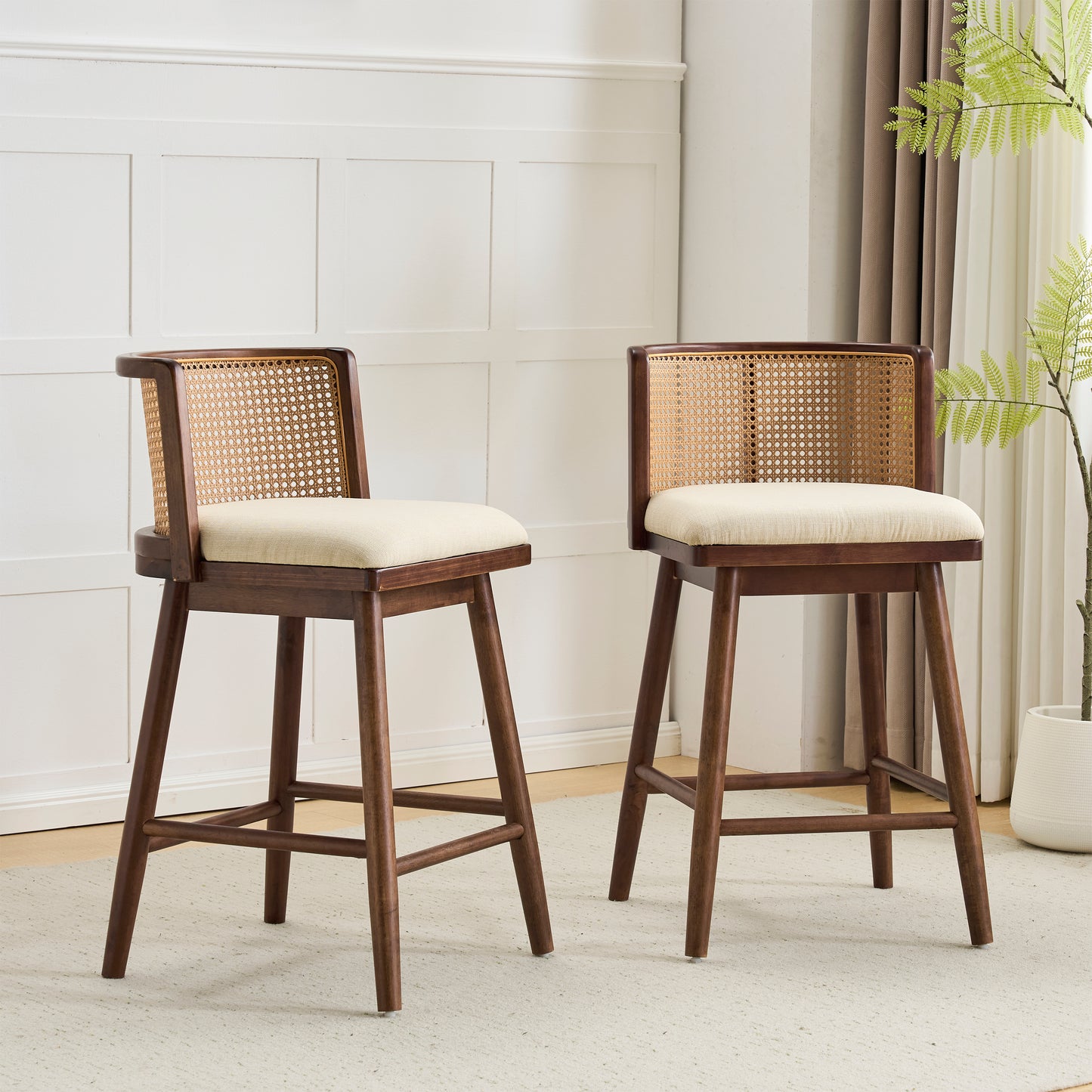Blanchefleur Upholstered Indoor Counter Stools – Rich Timeless Wood Frame with Soft Beige Seats for Sophisticated Kitchen Elegance, Set of 2