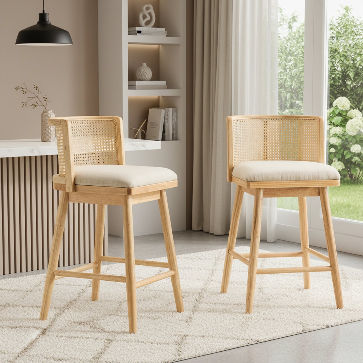 Blanchefleur Upholstered Indoor Counter Stools – Rich Timeless Wood Frame with Soft Beige Seats for Sophisticated Kitchen Elegance, Set of 2