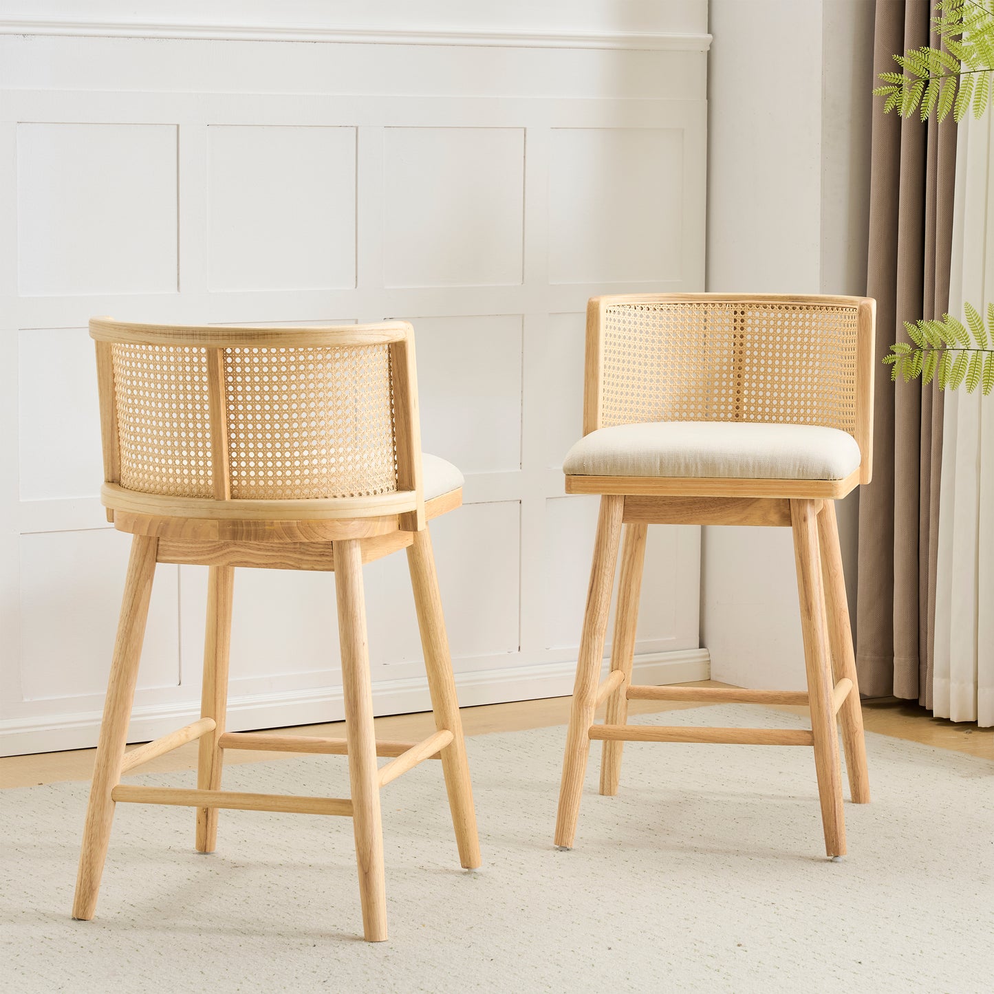 Blanchefleur Upholstered Indoor Counter Stools – Rich Timeless Wood Frame with Soft Beige Seats for Sophisticated Kitchen Elegance, Set of 2