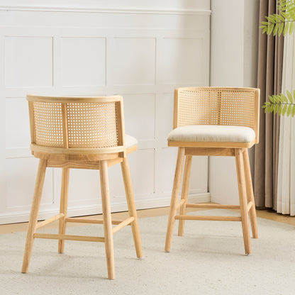 Blanchefleur Upholstered Indoor Counter Stools – Rich Timeless Wood Frame with Soft Beige Seats for Sophisticated Kitchen Elegance, Set of 2