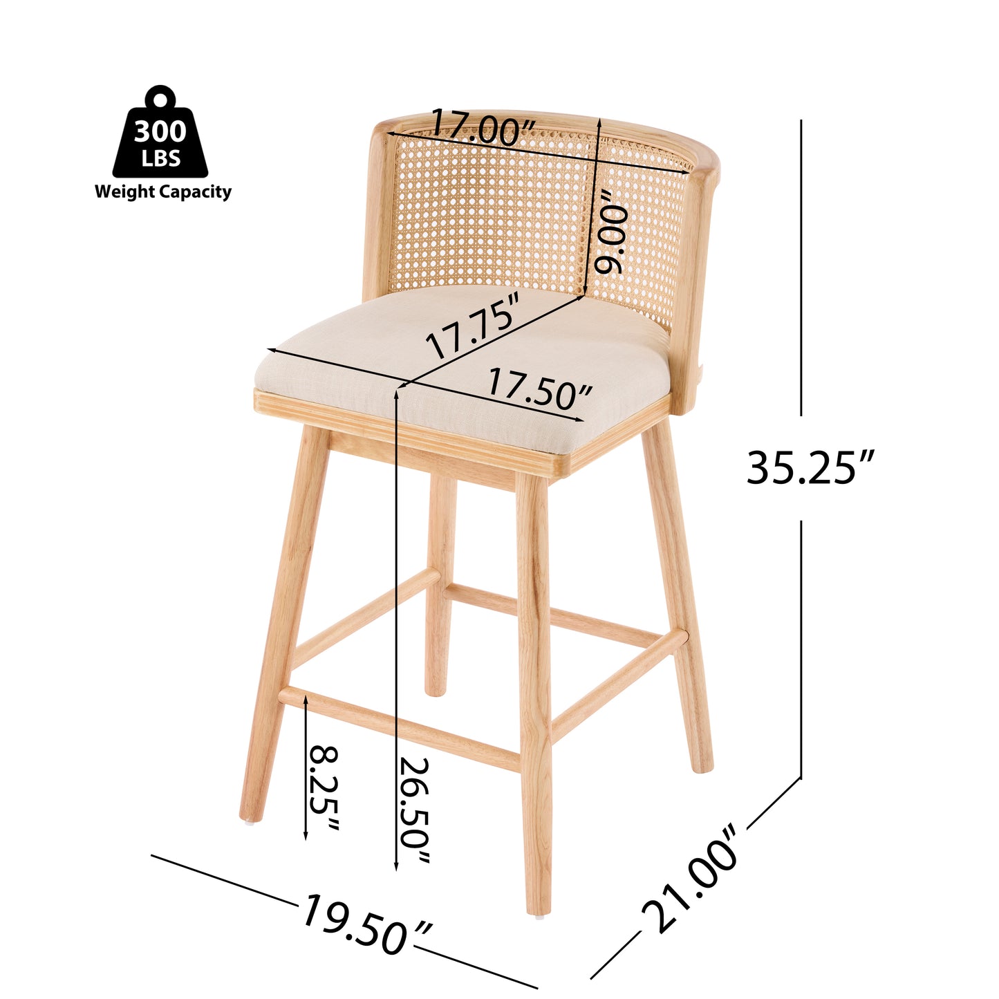 Blanchefleur Upholstered Indoor Counter Stools – Rich Timeless Wood Frame with Soft Beige Seats for Sophisticated Kitchen Elegance, Set of 2