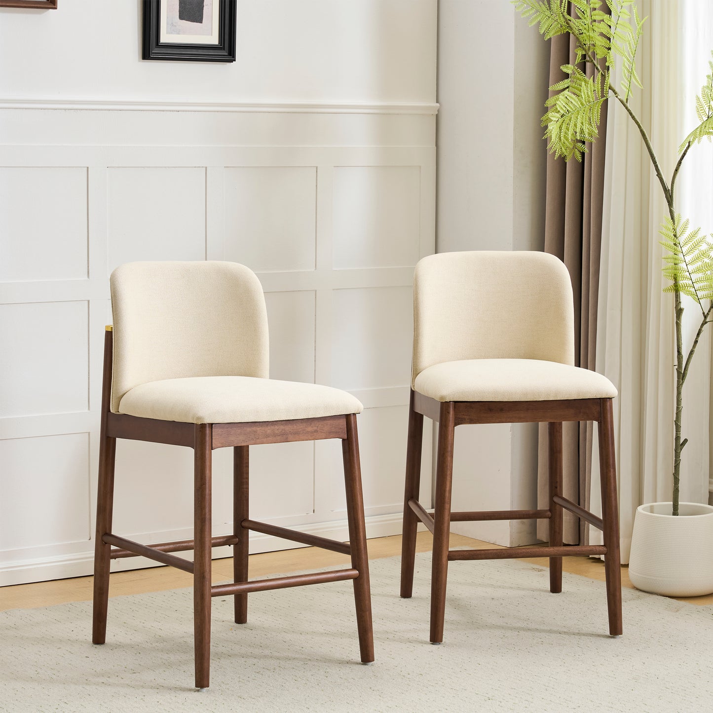 Araminta Upholstered Indoor Counter Stools – Luxurious Timeless Frame with Soft Beige Seats for Refined Kitchen Bar Elegance, Set of 2