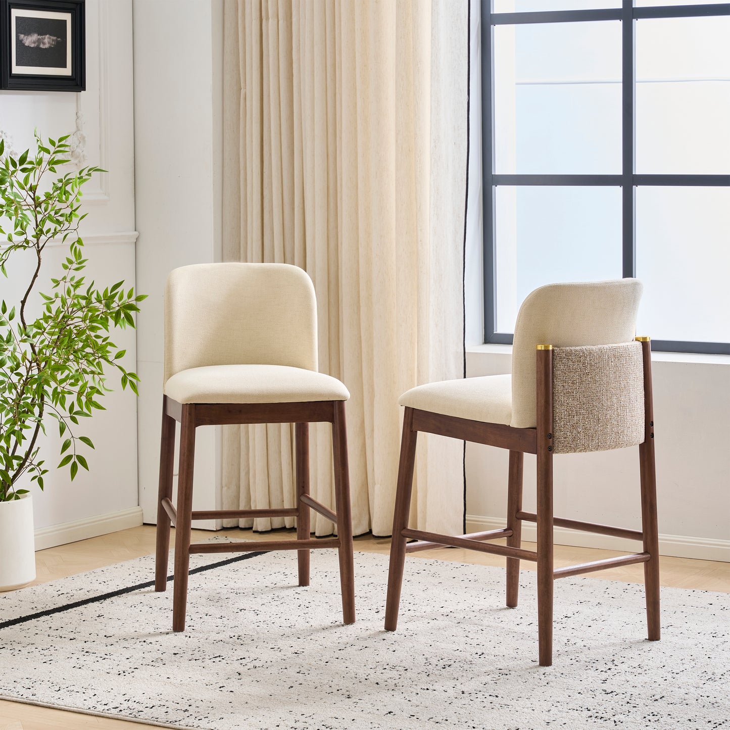 Araminta Upholstered Indoor Counter Stools – Luxurious Timeless Frame with Soft Beige Seats for Refined Kitchen Bar Elegance, Set of 2