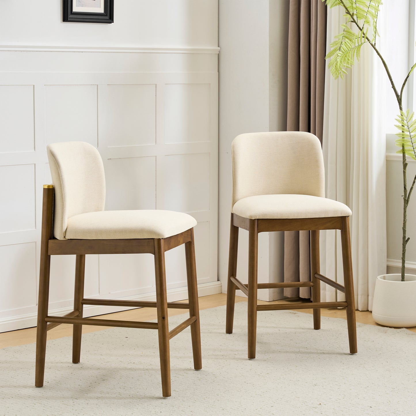 Araminta Upholstered Indoor Counter Stools – Luxurious Timeless Frame with Soft Beige Seats for Refined Kitchen Bar Elegance, Set of 2