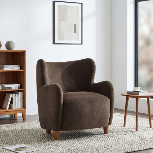 Gambol Auden Wingback Accent Chair, Fabric Club Chair, Velvet Upholstered Armchair, Curved Backrest Single Sofa, Soft Cushion Seating, Reading Lounge Chair for Living Room, Brown