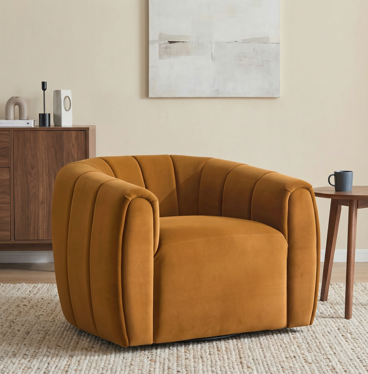 Lithe Monroe Velvet Swivel Club Chair,Armchair with 360-Degree Rotation,Upholstered Barrel Swivel Sofa Chair for Living Room/Bedroom,Tufted Back,Thick Cushion, Iron Base, Olive Green