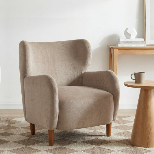 Travertine Dolly Mid-Century Modern Velvet Upholstered Wingback Club Chair, Living Room Lounge Chair for Relaxation, Reading Armchair, Solid Wood Living Room Accent Chair, Camel+Brown