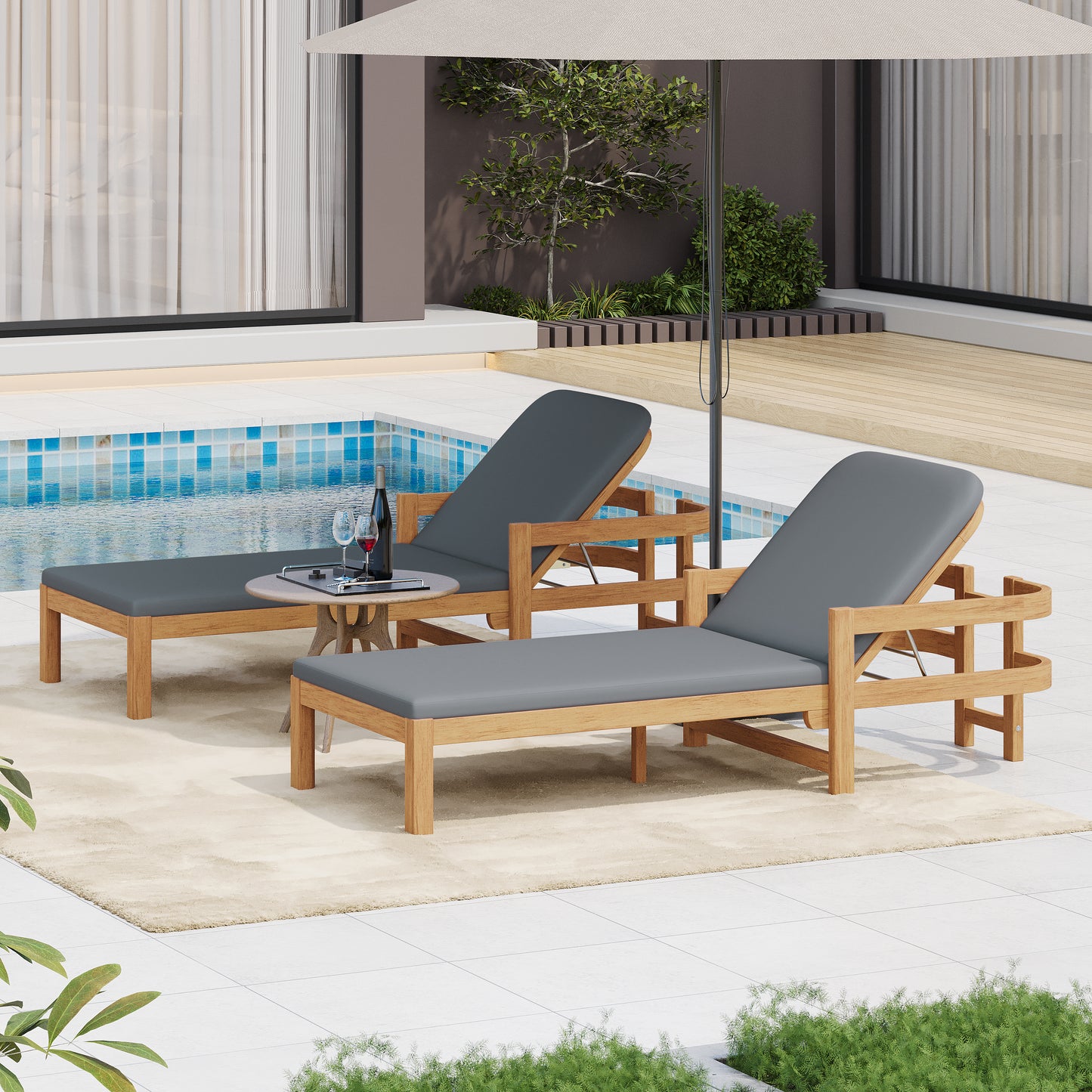 Calora Acacia Outdoor Modern Wood Chaise Lounge Chairs for Patio or Poolside