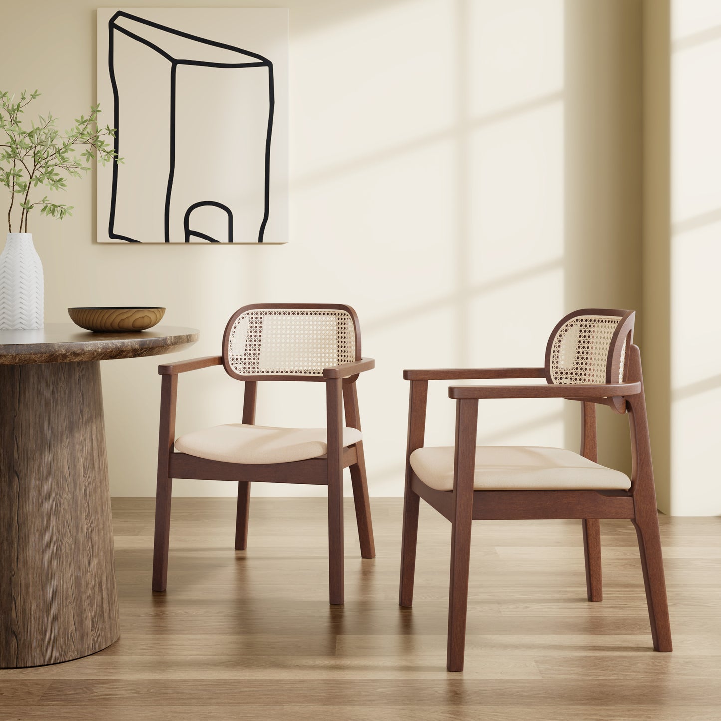 Orrin Modern Dining Chairs, Rattan Weave & Padded Seat with Comfortable Armrests,Set of 2