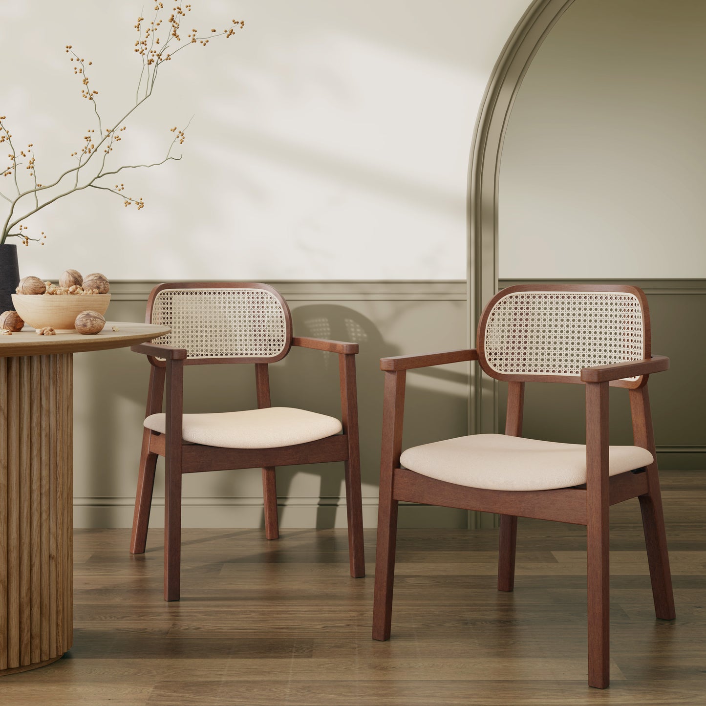 Orrin Modern Dining Chairs, Rattan Weave & Padded Seat with Comfortable Armrests,Set of 2