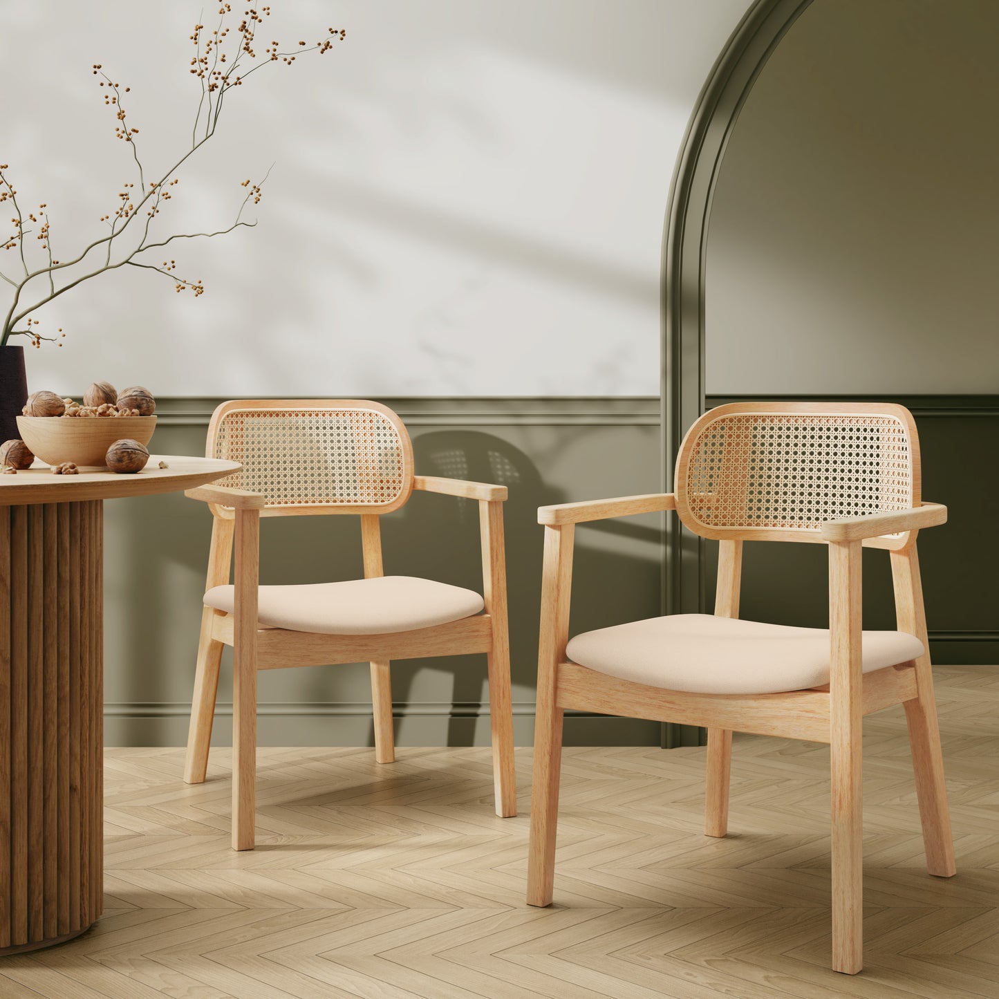 Orrin Modern Dining Chairs, Rattan Weave & Padded Seat with Comfortable Armrests,Set of 2