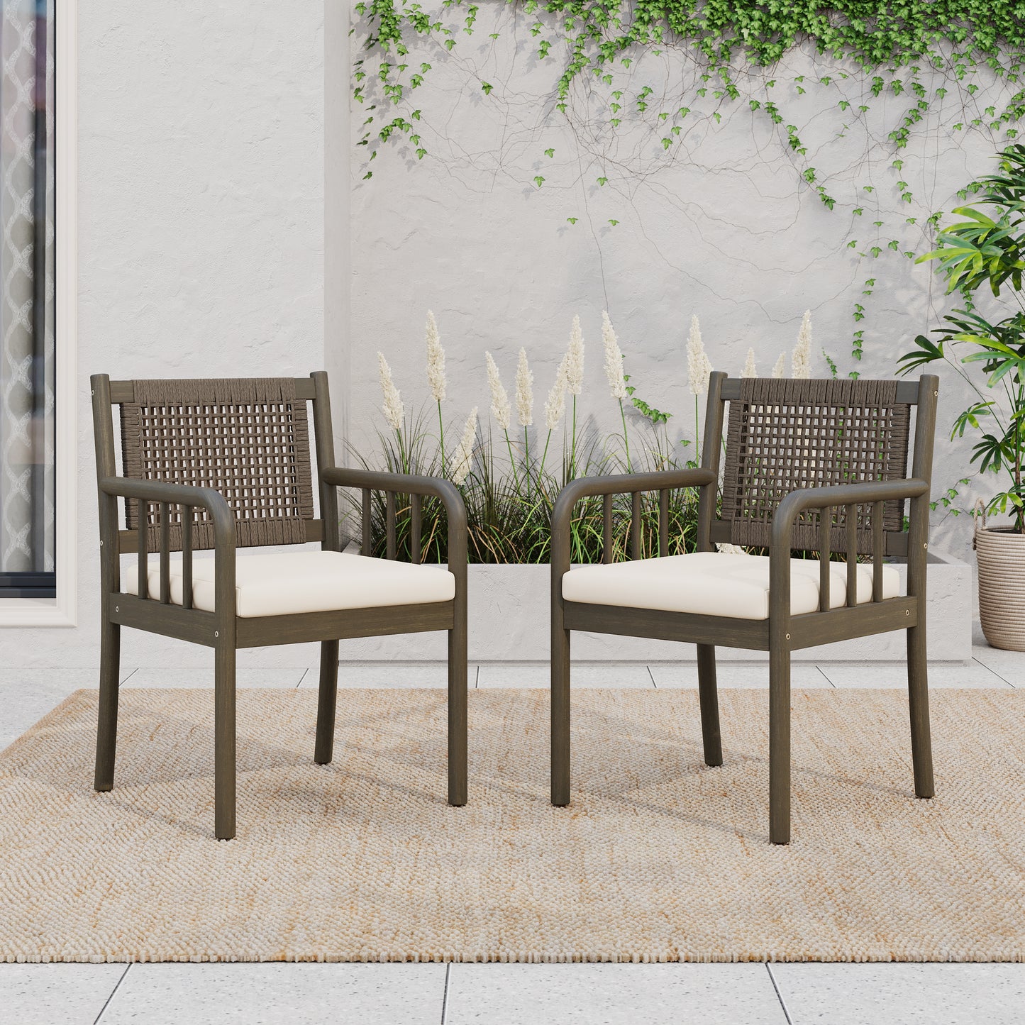 Kiyana Porto Outdoor Dining Chair Set of 2, Acacia Wood and PE Rattan Frame, Waterproof Fabric Cushions, Modern Patio Dining Armchairs