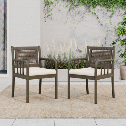 Kiyana Porto Outdoor Dining Chair Set of 2, Acacia Wood and PE Rattan Frame, Waterproof Fabric Cushions, Modern Patio Dining Armchairs