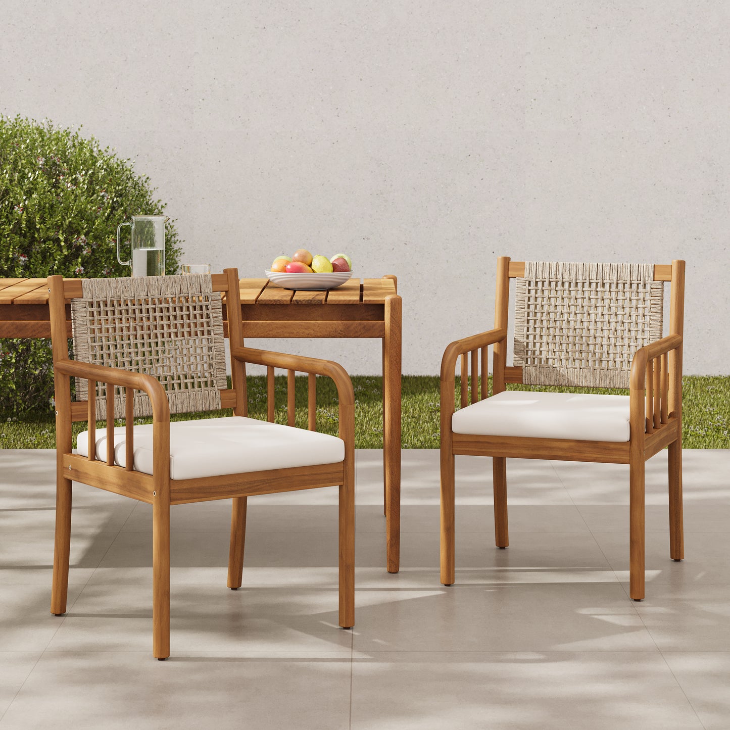 Kiyana Porto Outdoor Dining Chair Set of 2, Acacia Wood and PE Rattan Frame, Waterproof Fabric Cushions, Modern Patio Dining Armchairs