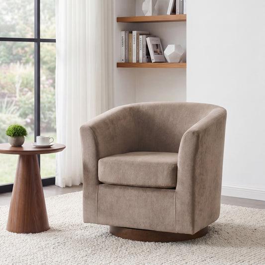 Somnolent Coles 360° Velvet Swivel Accent Chair, Living Room Barrel Swivel Chair with Iron Frame, Wooden Velvet Club Chair with Rotation, No Assembly Required, Light Brown+Walnut