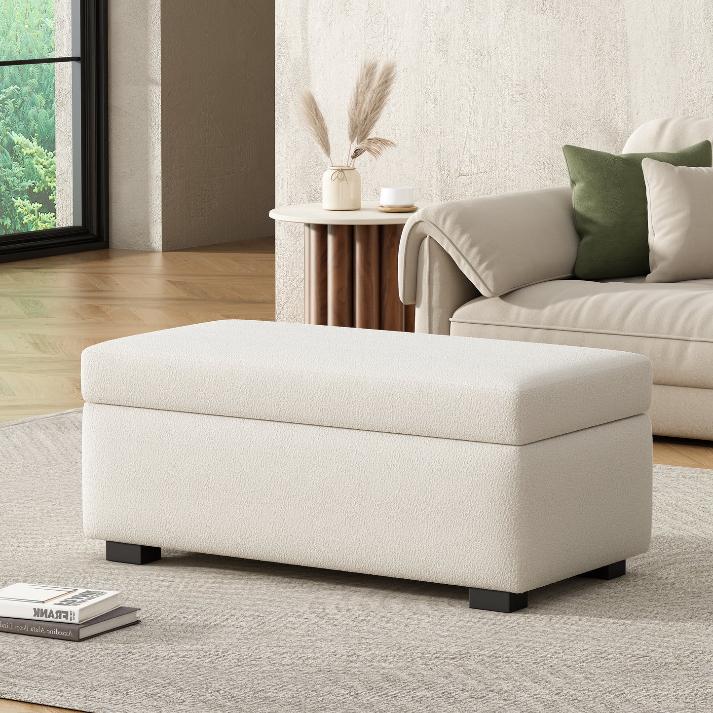 Hopehorizon Rectangle Chenile Solid Wood Storage Ottoman Chenille