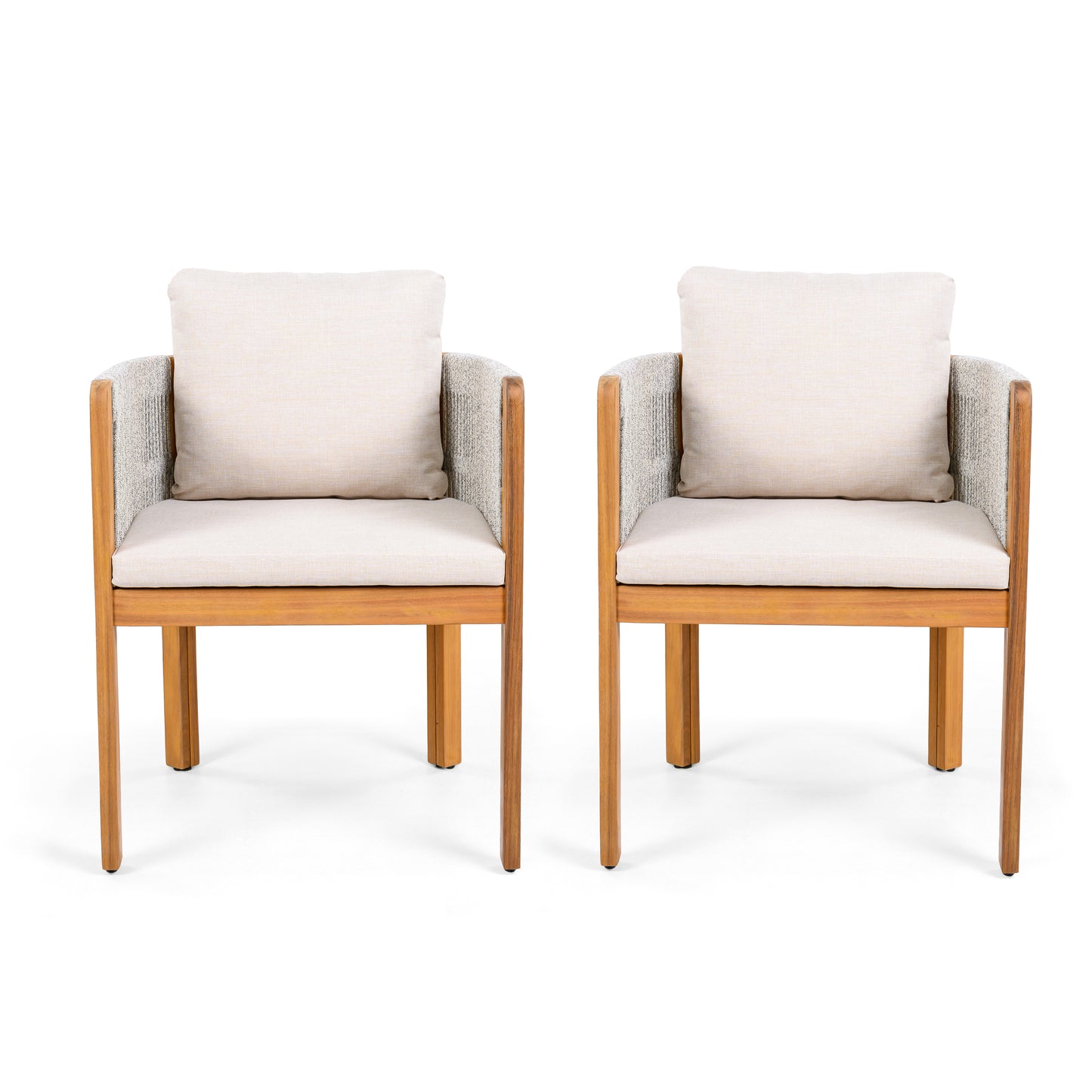 Godric Acacia Wood Outdoor Dining Chairs 2-Pack with Mix White Rope Handles, Washable Waterproof Beige Cushions, 400 lbs Capacity