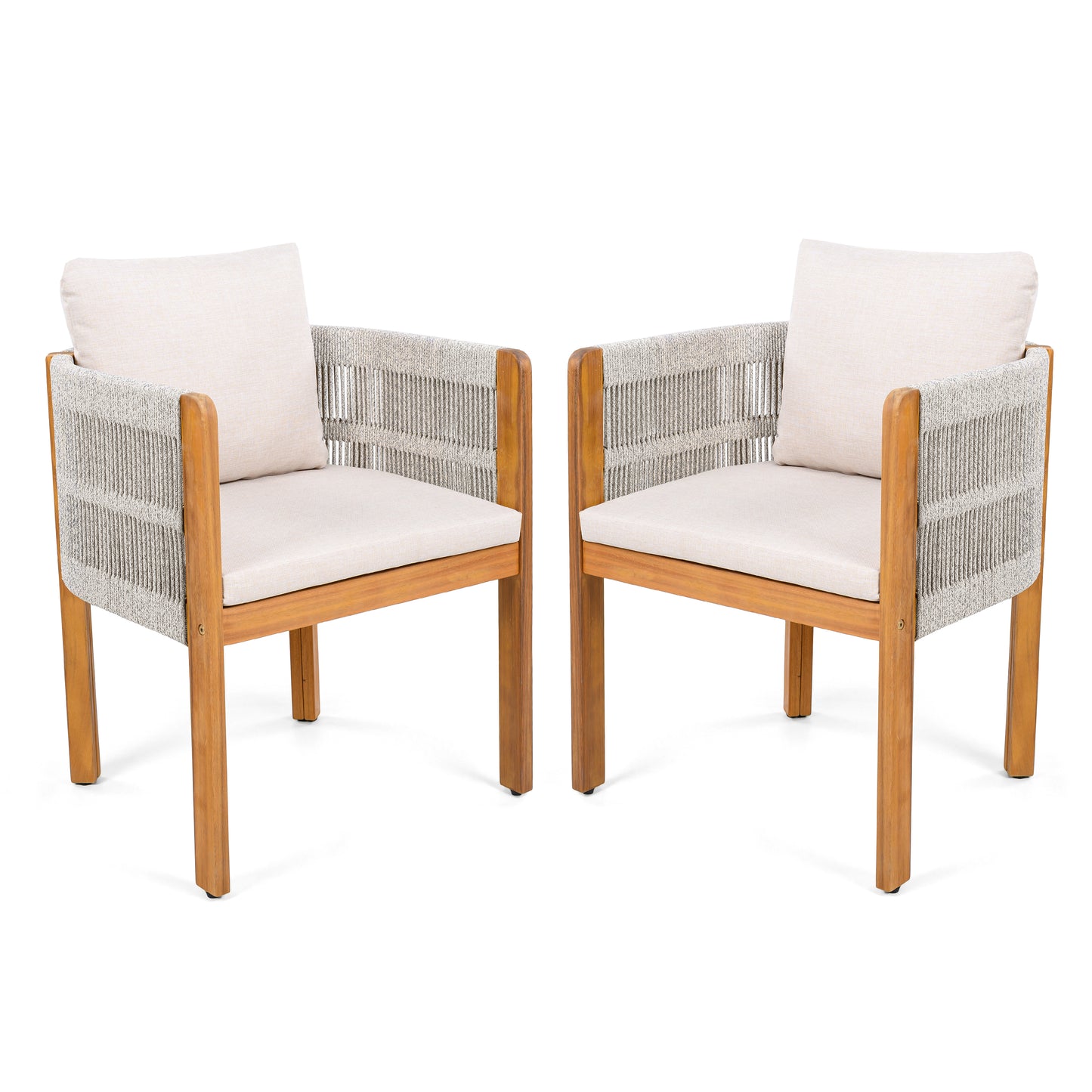 Godric Acacia Wood Outdoor Dining Chairs 2-Pack with Mix White Rope Handles, Washable Waterproof Beige Cushions, 400 lbs Capacity