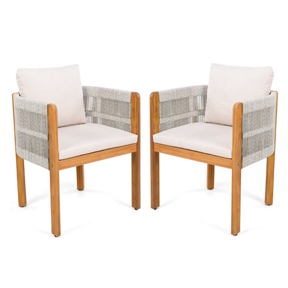 Godric Acacia Wood Outdoor Dining Chairs 2-Pack with Mix White Rope Handles, Washable Waterproof Beige Cushions, 400 lbs Capacity