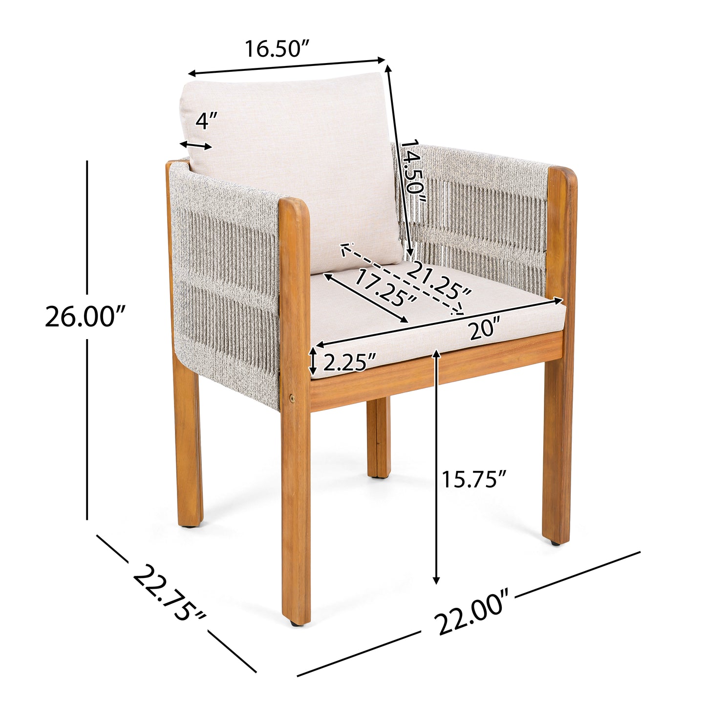 Godric Acacia Wood Outdoor Dining Chairs 2-Pack with Mix White Rope Handles, Washable Waterproof Beige Cushions, 400 lbs Capacity